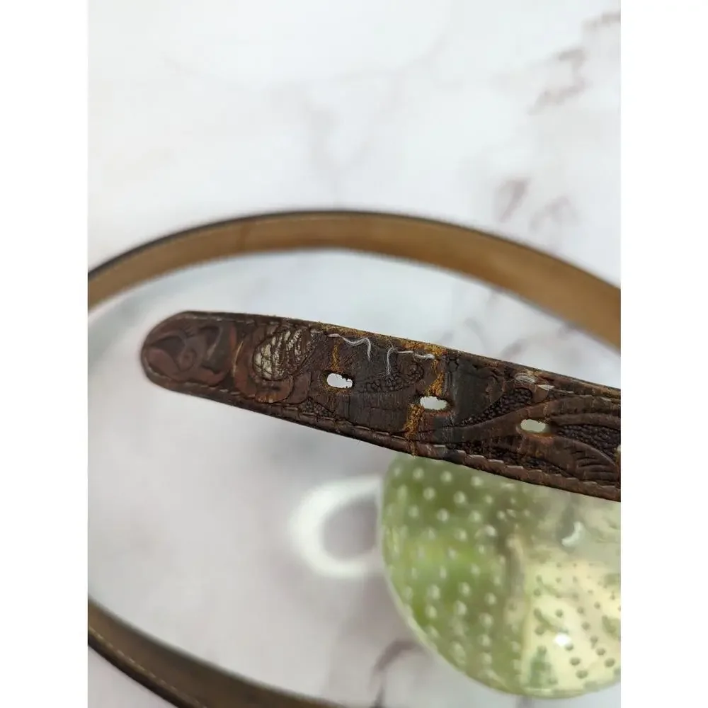 Vintage Concho Belt Womens 32 34 36 Pinecone Nature Brown Silver Tooled Leather
